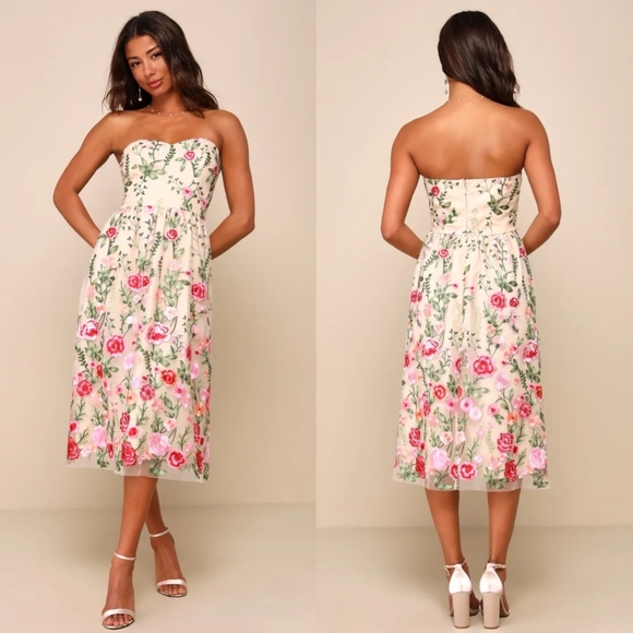 Lulus Dresses & Skirts - Lulus Endless Praise Beige Floral Embroidered Strapless Midi Dress Wedding Party